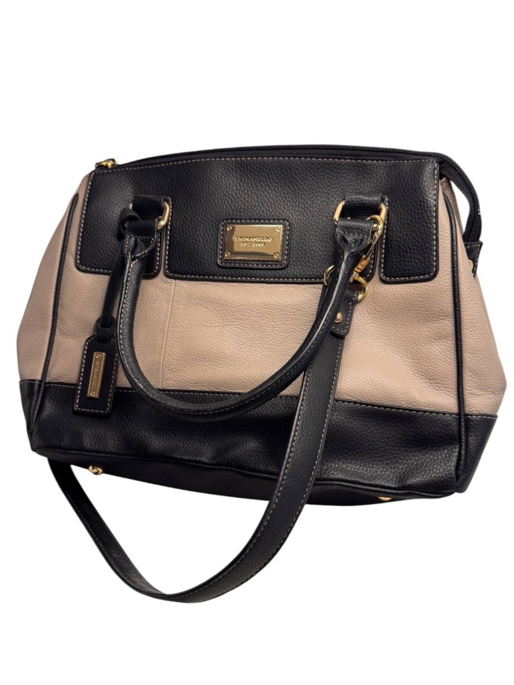 Tignanello Black Taupe Pebbled Leather Satchel Crossbody Purse Gold Hardware